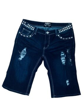 Thrill Dark Blue Distressed Rhinestone-Waist Women’s Denim Bermudas